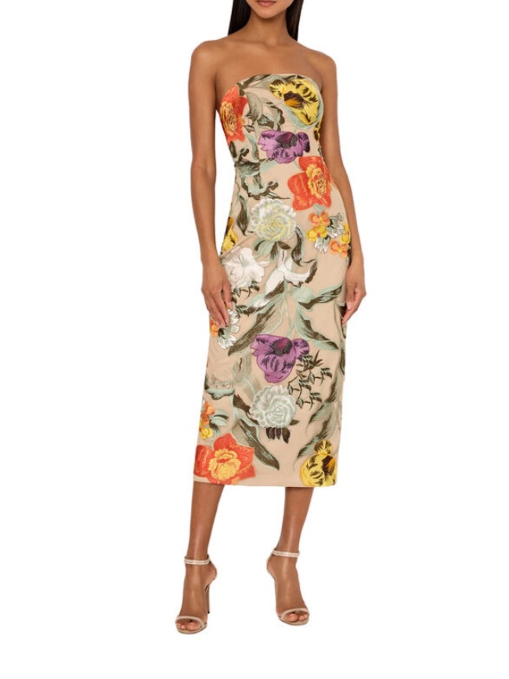 Milly Strapless Floral Embroidered Midi Dress — Beige with Multicolor Blooms